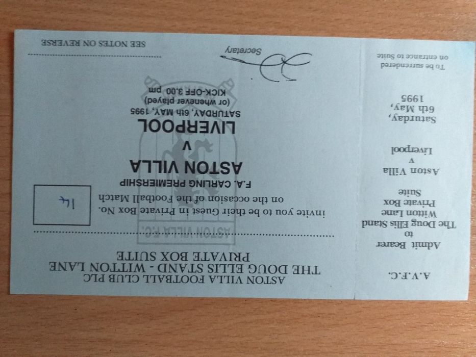 билет - Ливърпул- Астън Вила- 1995 г.