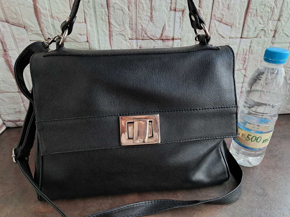 дамска чанта,черна кожена торба-естествена кожа