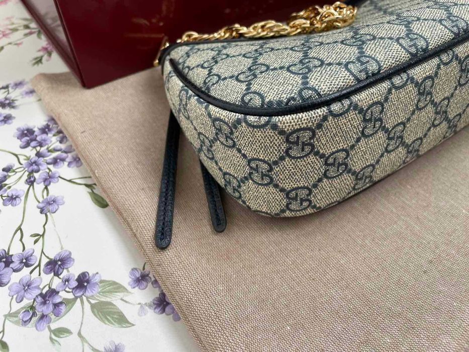 Оригинална Чанта Gucci Ophidia Синя Кожа Бежов Canvas Гучи Златно Gold GG Лого и Синджир