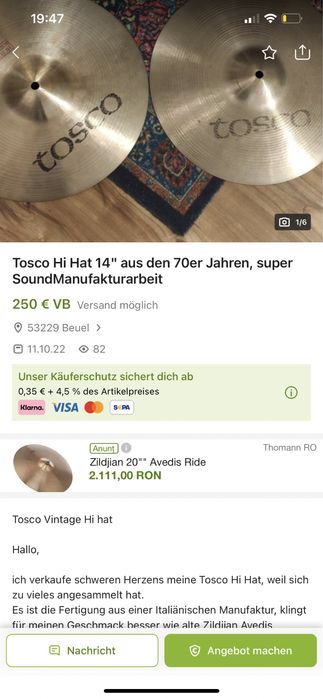 Cinele Hi Hat Tosco super t vechi 14” 35 cm Made in Italy