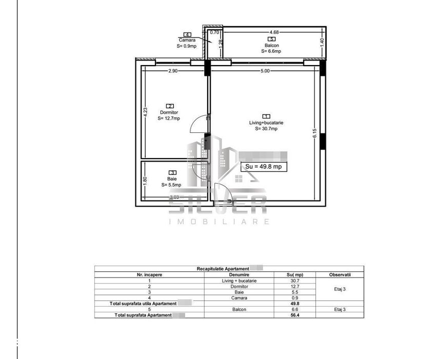 Apartament cu 2 camere/50 mp/imobil calitativ/CF.