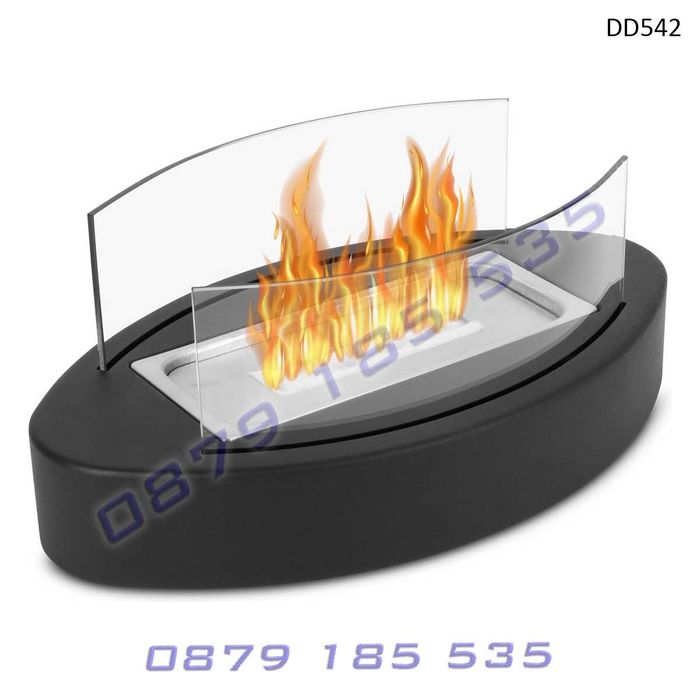 Дизайнерска черна настолна камина интериорен аксесоар уют маса пламък