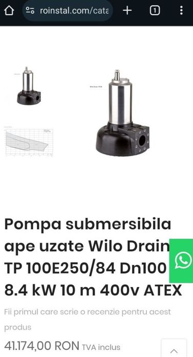 Vând Pompa submersibila ape uzate Wilo,debit foarte mare,180mc/h