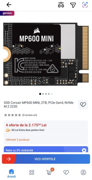 NVMe Corsair MP600 MINI 2TB  PCI Express 4.0 x4 M.2 SSD