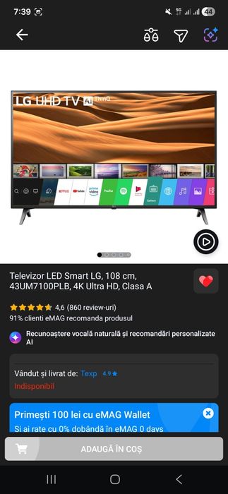 Televizor LED Smart LG, 108 cm, 43UM7100PLB, 4K Ultra HD, Clasa A