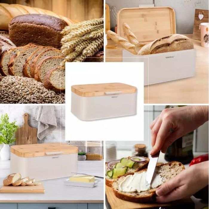 Cutie pentru paine, bej, cu capac din bambus, 30 × 20 × 14 cm,