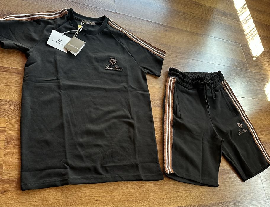 Мъжки,памучен,черен къс комплект Loro Piana с бродирано лого