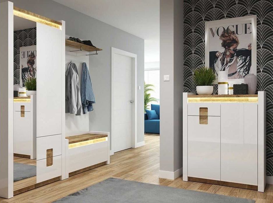 Гланциран шкаф с много отделения и LED осветление, Нов