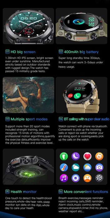 CEAS Smart Militar Ecran HD Apel Bluetooth, Mod Fitness Verde