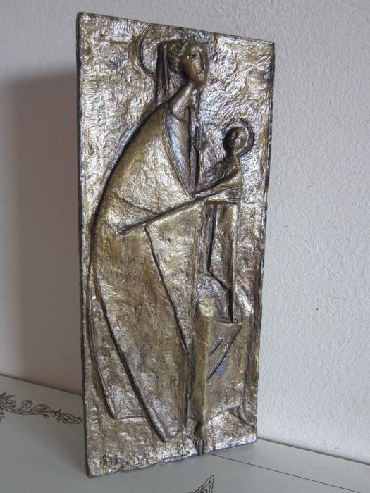 cadou rar Fecioara Maria cu pruncul, bronz E.Huber Austria1988