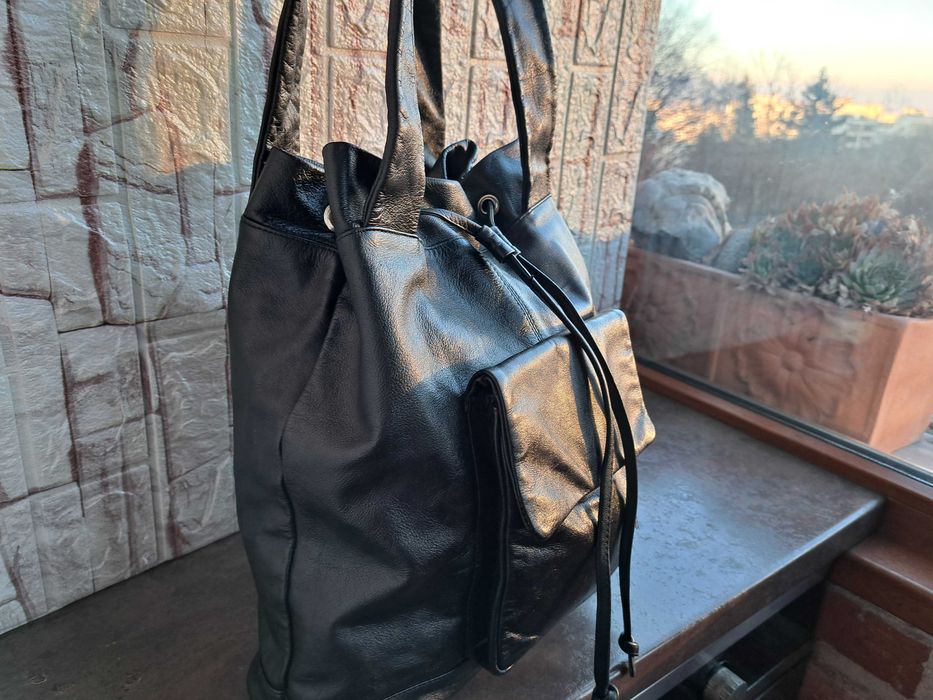 дамска чанта,черна кожена торба-естествена кожа