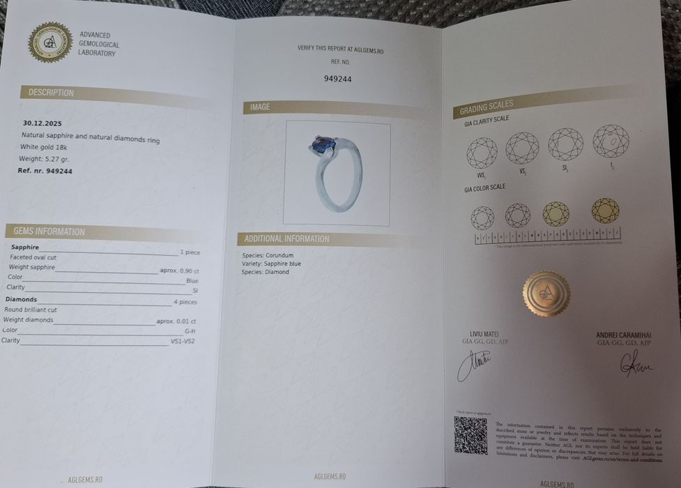 Inel aur alb  18 kt cu piatra sapphire