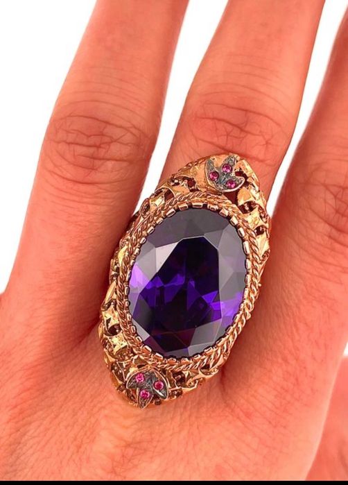 Inel Art Nouveau, aur 9k, argint- Ametist 15ct si Rubine