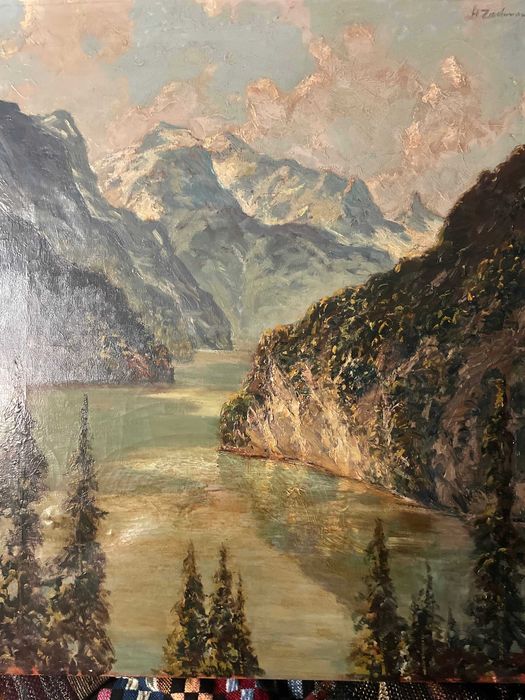 Tablou vechi ulei pe panza - Peisaj Montan Alpin - Semnat