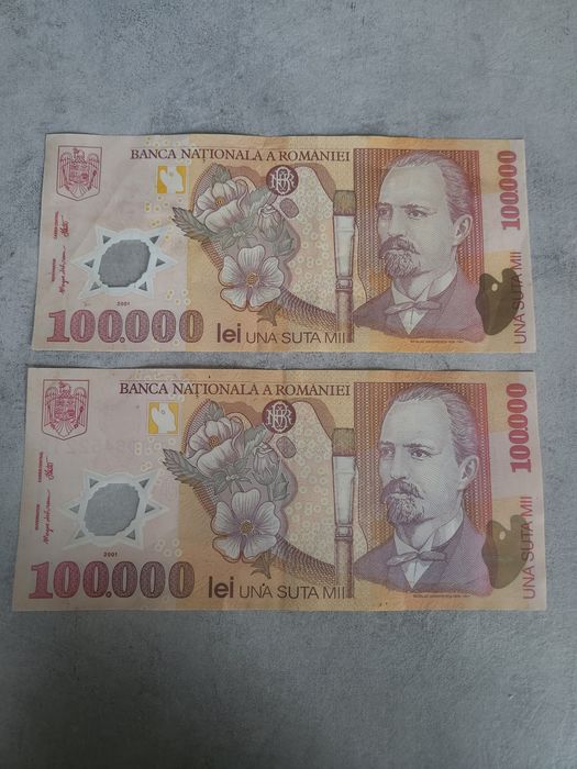 2 bancnote 100.000 lei 2001 (Nicolae Grigorescu) – Stare Foarte Bună