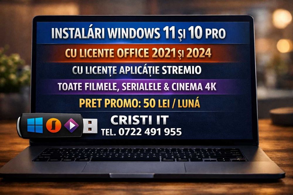 Instalare WINDOWS 11*10 LICENTA TV STREMIO FILME SERIALE4K Imprimanta OFFICE2024 la domiciliul clientului