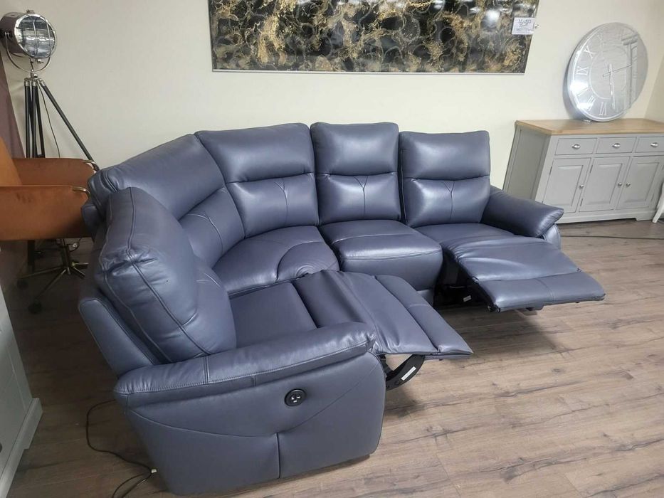 ПРОМОЦИЯ!!! Син кожен ъглов диван "Albion" с ел. релакс механизъм