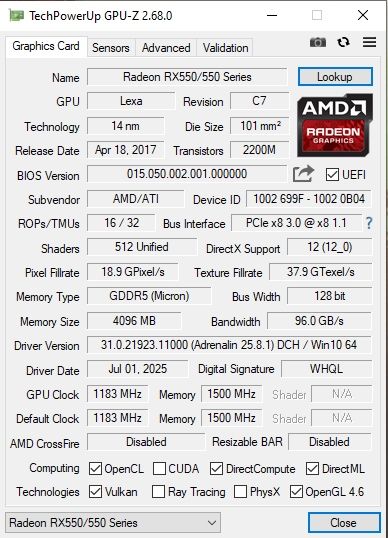 Radeon RX550 4Gb