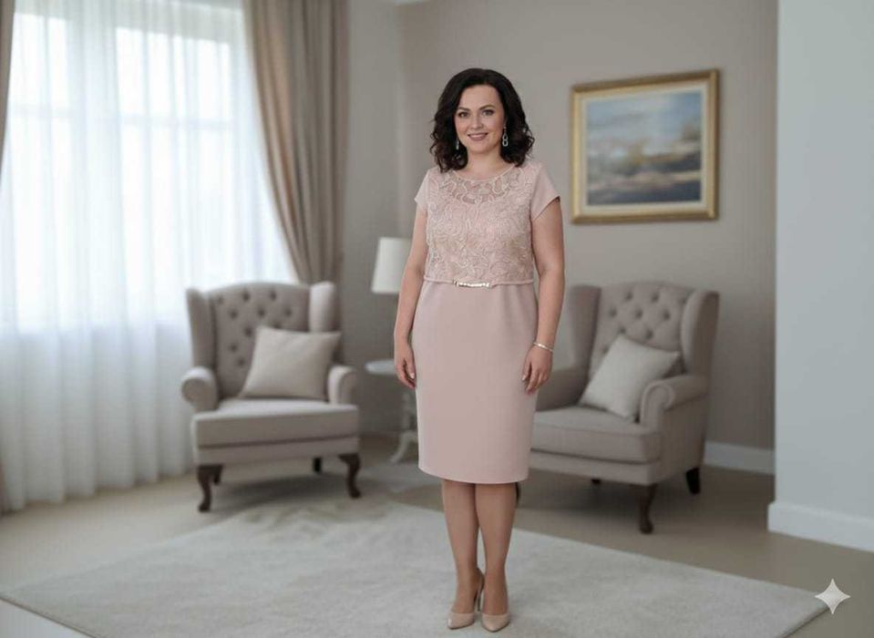 Rochie elegantă roz pudră cu dantelă și detaliu auriu, mărimea 48
