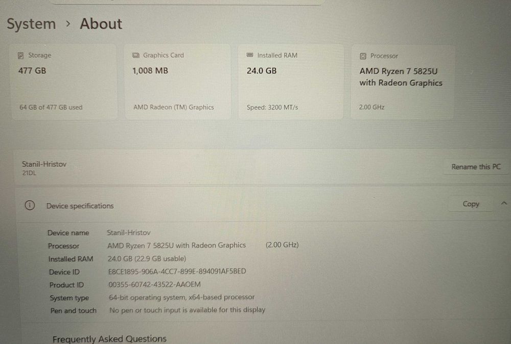 Lenovo Thinkpad 24GB, Windows 11, AMD Ryzen7 5825U, 477GB hard disk