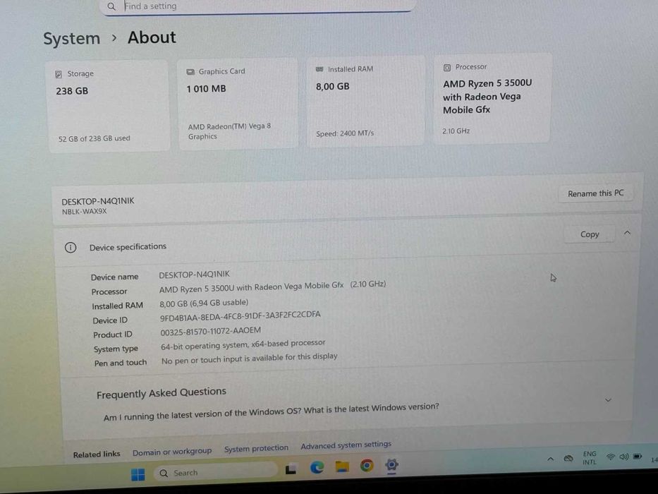 huawei matebook D14 Ryzen 5-3500U/8RAM/256SSD/Full HD