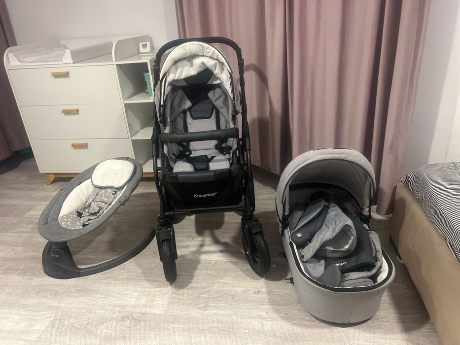 Vând cărucior + landou, masă de înfășat, pompă sân (cadou balansoar)