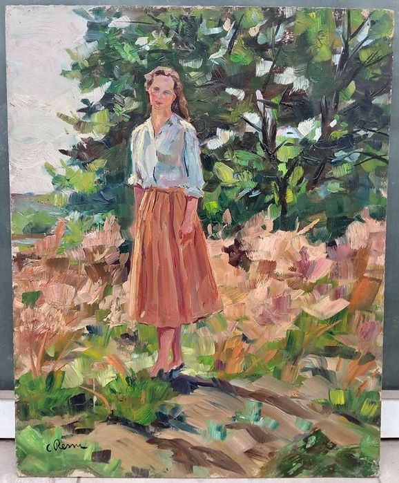 Tablou vechi -  femeie in natura - semnat C Ressu