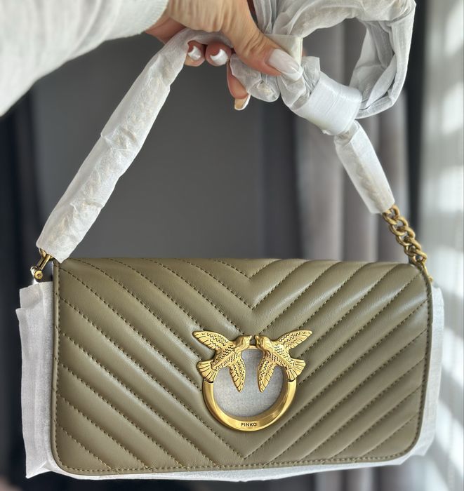 Чанта Pinko Love Click Baguette Mini Chervon маслинено зелена