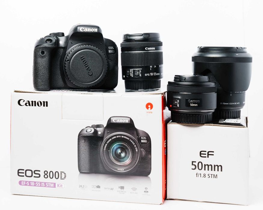 Фотоапарат Canon 800D в комплект с EF-S 18-55 и обективи Canon EF 50mm/f1.8 и Sigma 17-70mm/F2.8-4 DC DN