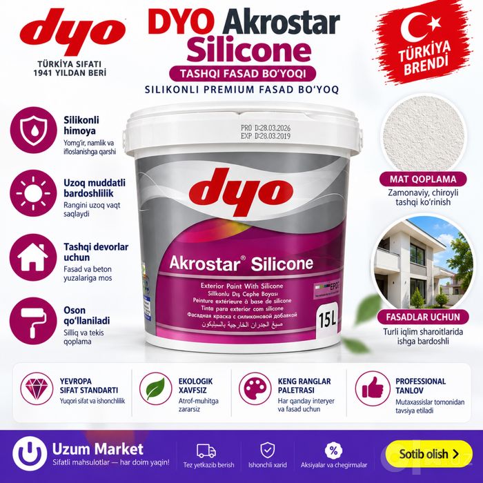 DYO Akrostar Silicone — silikonli fasad bo‘yog‘i 15 L