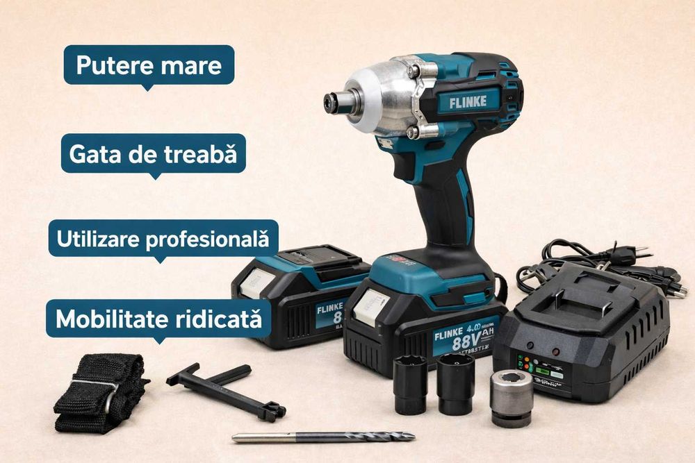 Cheie impact 400Nm cu 2 acumulatori si set tubulare