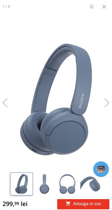 Casti On-Ear Sony WH-CH520L, Wireless, Bluetooth, Microfon, Albastru