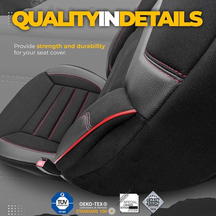 Комплект Тапицерия OTOM,Черно с Червен шев,Предни и Задни Седалки