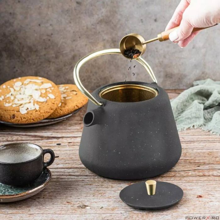 Ceainic din fonta cu strecuratoare, interior emailat, 1l, negru cu