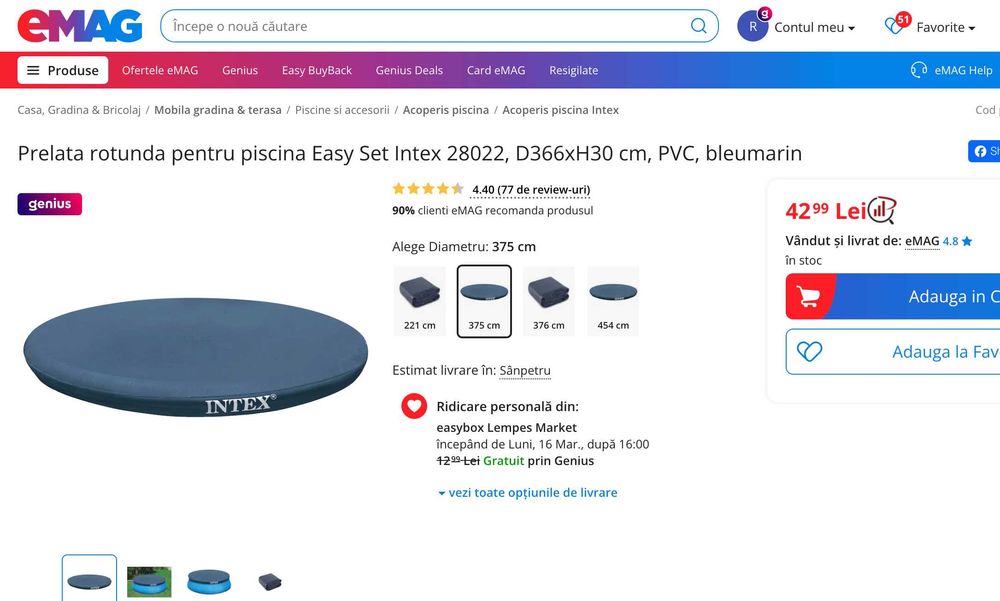 Piscina Intex 28122NP, D305xH76 cm, (1.250 l), inclusiv prelata solara