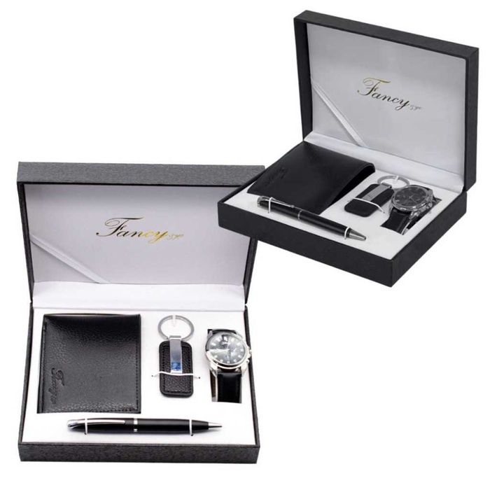 Елегантен мъжки комплект – Часовник, портфейл, химикал и ключодържател