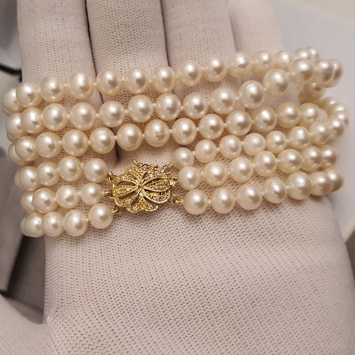 colier triplu perle naturale inchizatoare aur 14k cu diamante naturale
