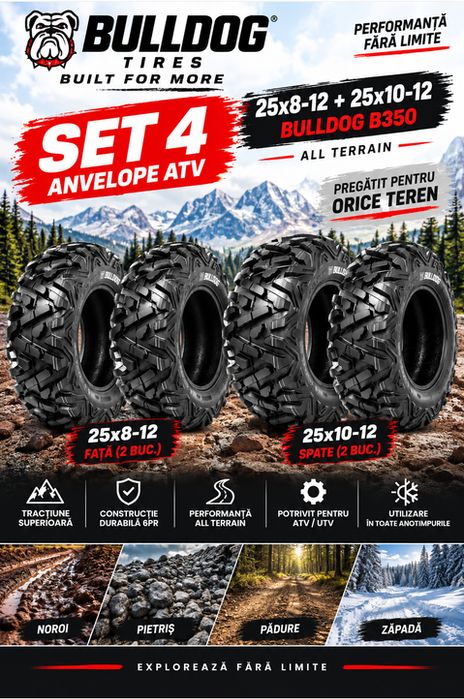 Set 4 Anvelope ATV 25x8-12 + 25x10-12 6PR All Terrain, Noroi, Bulldog