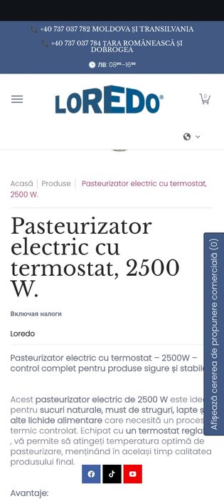 Pasteurizator electric cu termostat 2500W