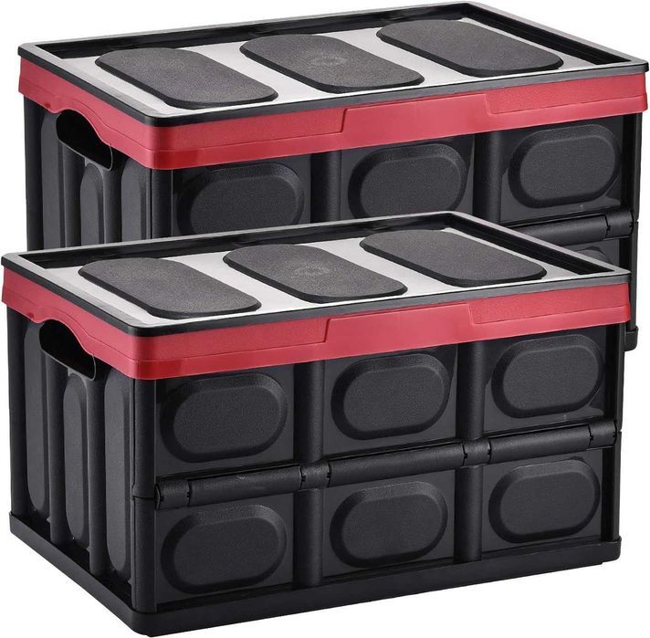 Set 2 cutii pliante Yorbay, 45L, cu capac si manere, negru si rosu