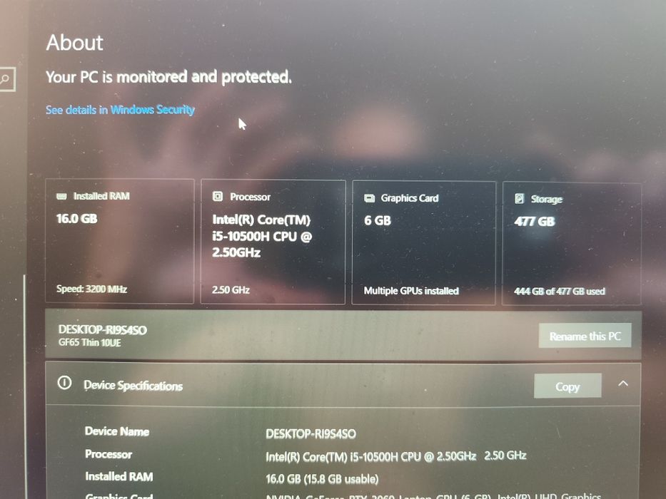 Геймърски лаптоп msi gf65 rtx3060 6gb i5 10500h
