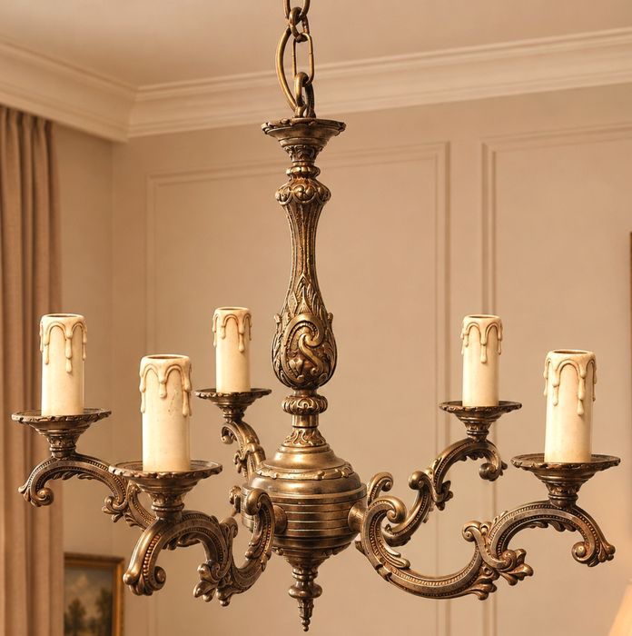 Candelabru antic din bronz masiv cu 5 brațe în stilul francez Louis , dimensiuni 44 cm in diametru,h cu lanț 68