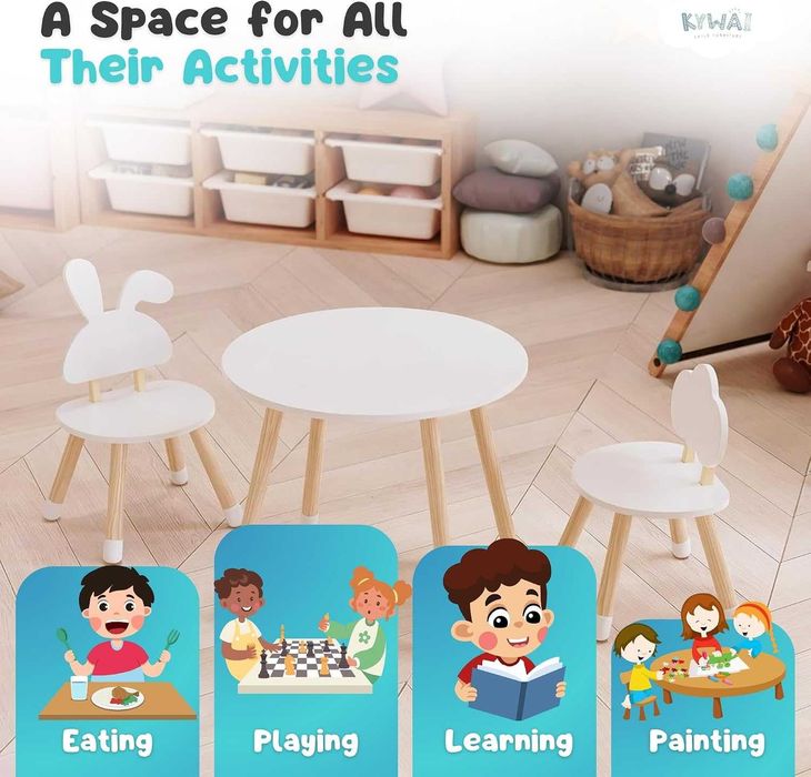 Set masa rotunda si 2 scaune pentru copii, KYWAI, din lemn, Alb