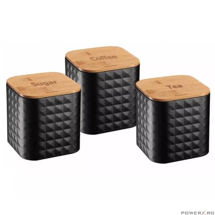 Set 3 recipiente pentru bucatarie, inox-bambus, negru cu irizatii,