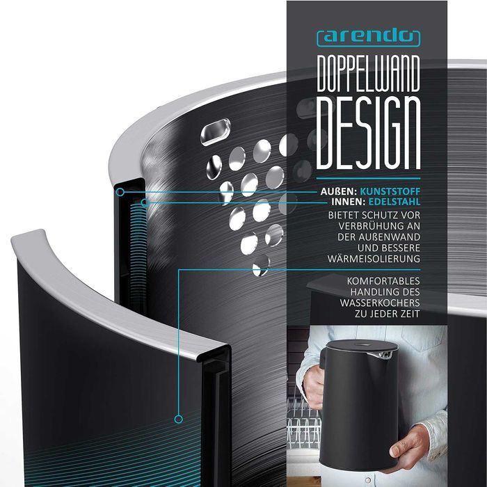 Кана за вода Arendo, дисплей, двустенна, 1,5 литра 2200W