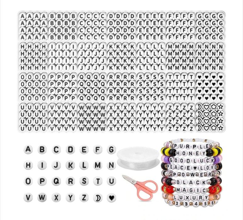 Margele rotunde cu litere negre din material acrilic, 1400 buc, alfabe
