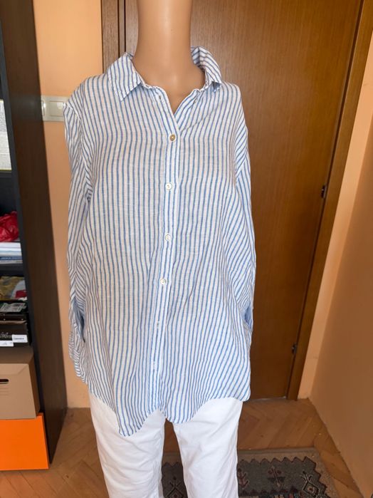 Ленена риза H&M райе синьо и бяло, размер  L/XL