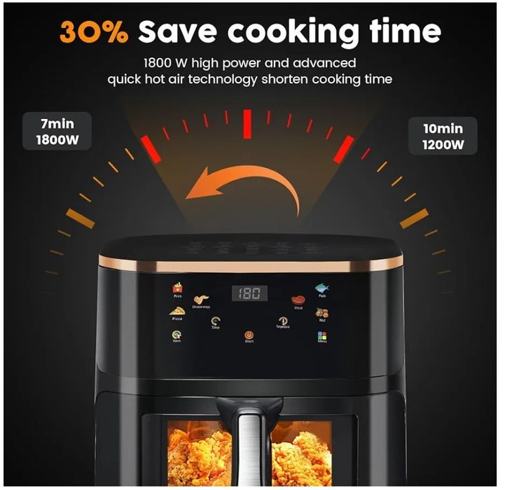Friteuză cu aer cu fereastră vizuală, presetări 6 în 1 pentru gătit