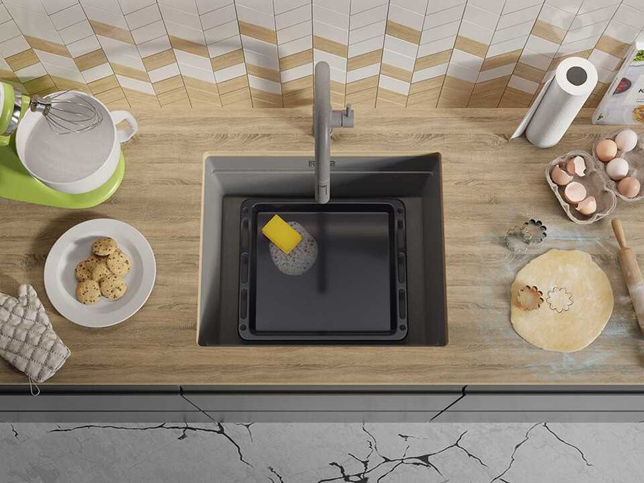 Сив кухненска мивка за вграждане под плот Прага 60 Level 560 x 470 мм