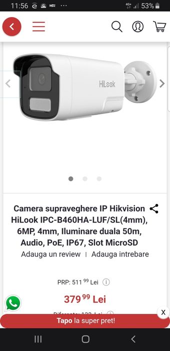 Sistem supraveghere video Hikvision IP cu POE,sigilat, cu 4 camere video de6